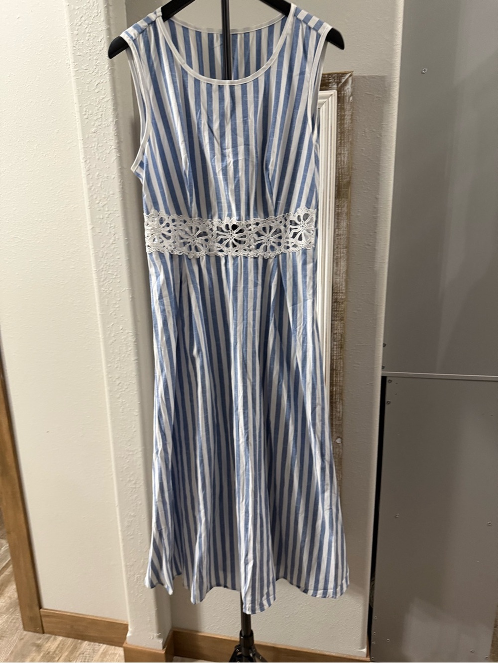 Blue and White Striped Sleeveless Dress with Lace Waist